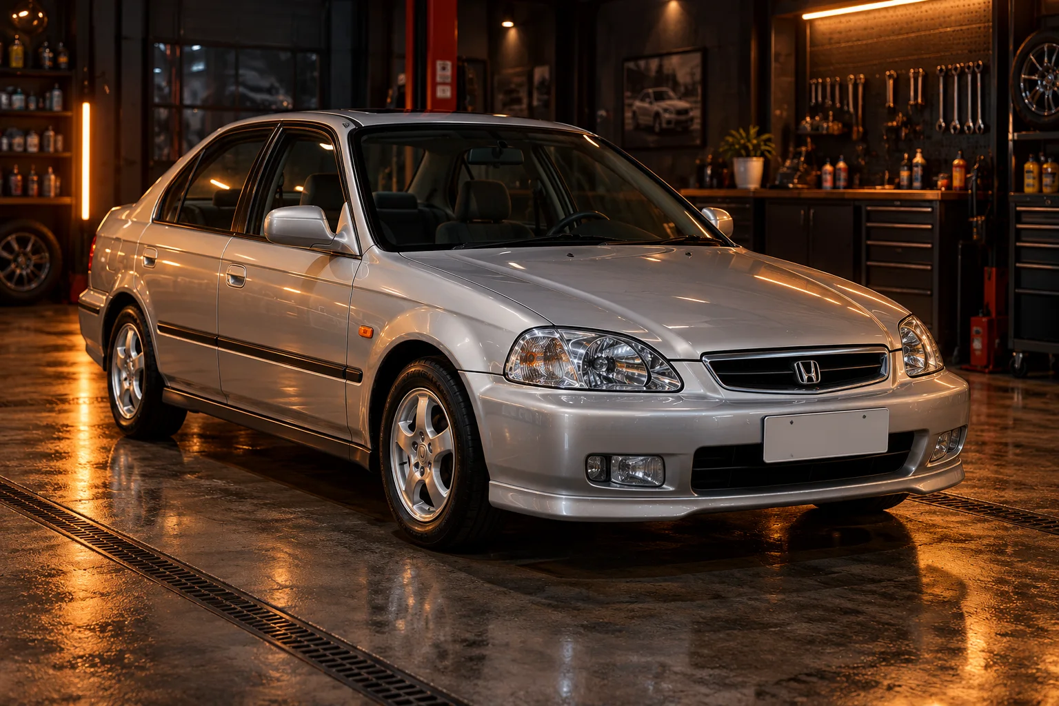 Honda Civic sedanın turuncu ışıklı garajda temsili editoryal görünümü